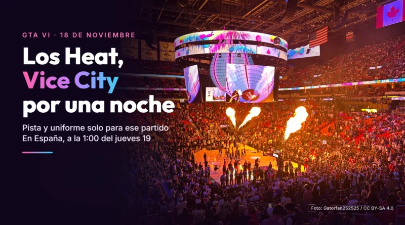 Pabellón de los Miami Heat lleno, con llamaradas y pantallas rosas, y el texto «Los Heat, Vice City por una noche»