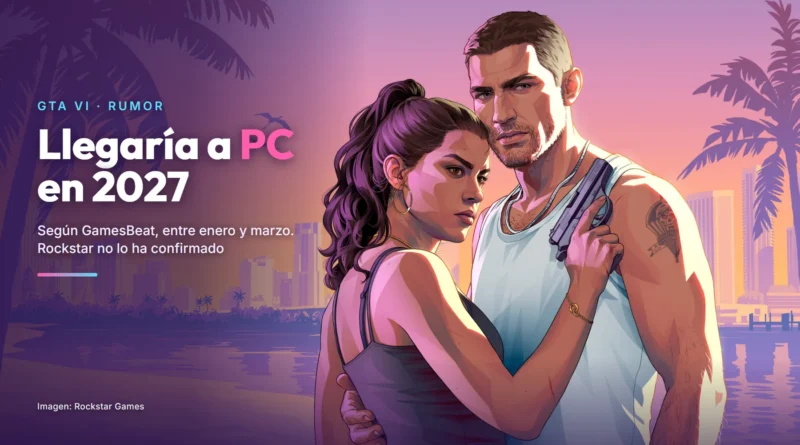 Arte oficial de GTA VI: Jason, con una pistola, y Lucía abrazados en una playa al atardecer, con palmeras y una ciudad al fondo, junto al titular «Llegaría a PC en 2027» y el texto «Según GamesBeat, entre enero y marzo»