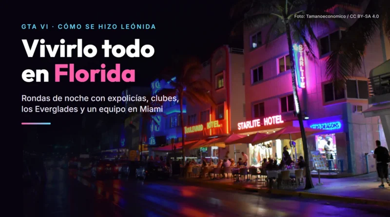 Ocean Drive, en Miami Beach, de noche, con los neones de los hoteles reflejados en el asfalto mojado y el texto «Vivirlo todo en Florida»