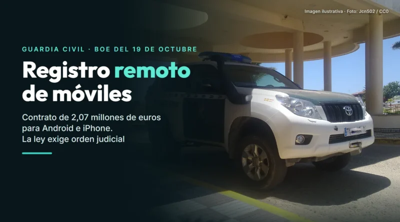 Todoterreno Toyota del Seprona de la Guardia Civil aparcado junto a una marquesina, con el titular «Registro remoto de móviles»