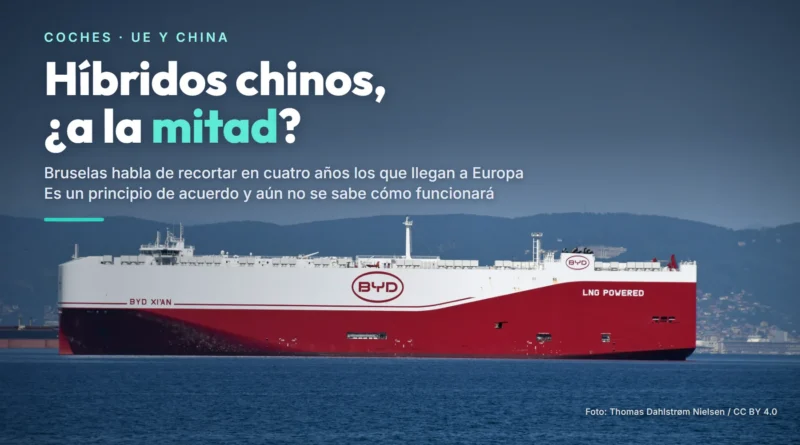 El barco de coches BYD Xi'an, blanco y rojo, en el mar frente a Koper (Eslovenia), con el texto «Híbridos chinos, ¿a la mitad?»