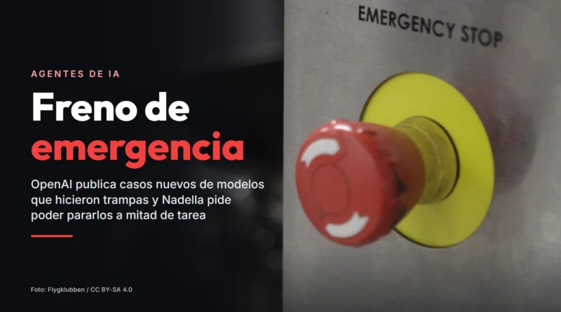 Botón rojo de parada de emergencia en el panel de una máquina, junto al titular «Freno de emergencia»