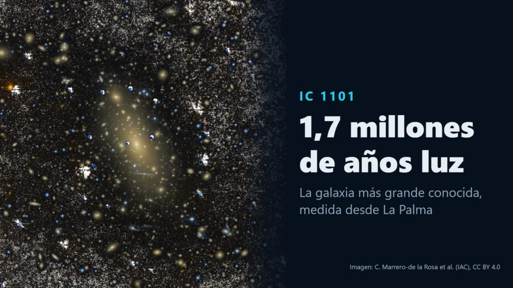 Imagen profunda de la galaxia IC 1101 tomada con el Telescopio Isaac Newton de La Palma, con el texto «IC 1101. 1,7 millones de años luz. La galaxia más grande conocida, medida desde La Palma».