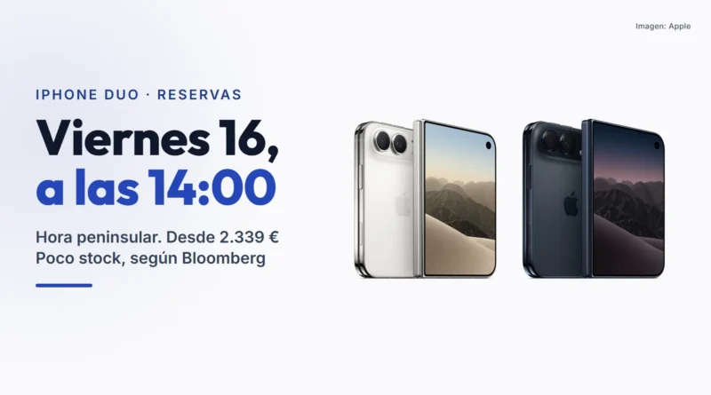 Foto de prensa de Apple con el iPhone Duo en blanco estelar y en cielo nocturno, junto al texto «Viernes 16, a las 14:00»: las reservas en España, hora peninsular, desde 2.339 €