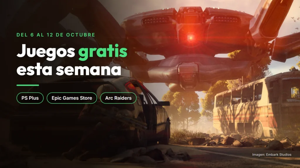 Una máquina gigante de ARC Raiders sobre una carretera abandonada, con el texto «Juegos gratis esta semana»