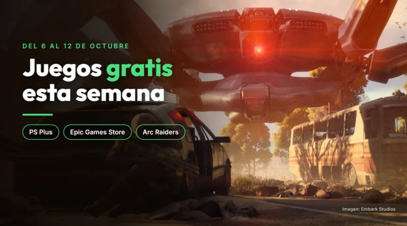 Una máquina gigante de ARC Raiders sobre una carretera abandonada, con el texto «Juegos gratis esta semana»