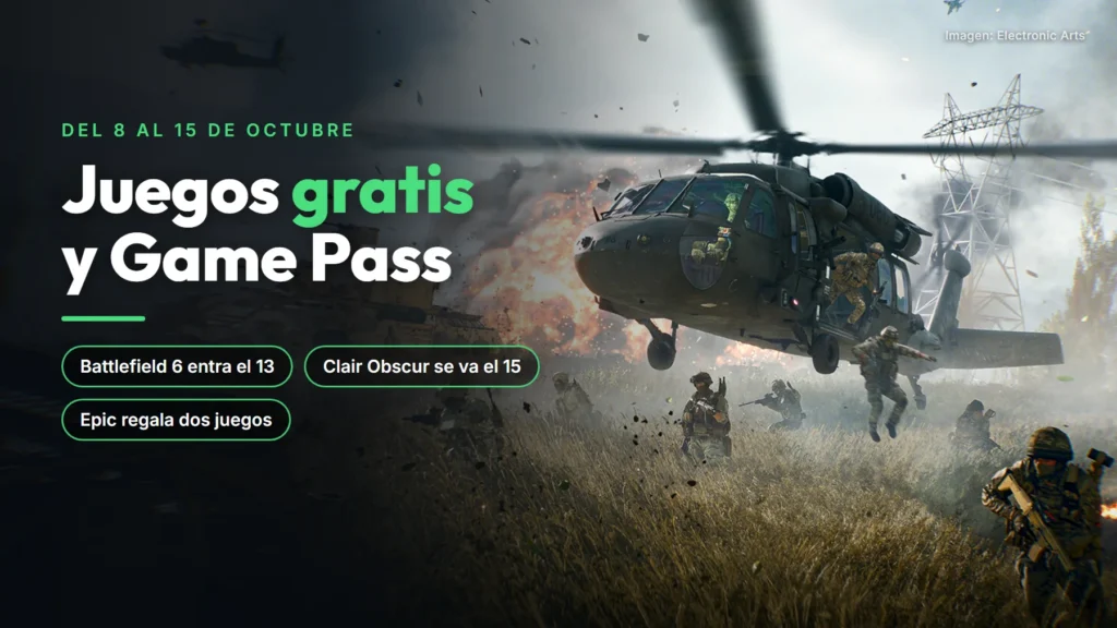 Captura de Battlefield 6: un helicóptero aterriza entre explosiones mientras los soldados corren por la hierba, con el texto «Juegos gratis y Game Pass, del 8 al 15 de octubre»