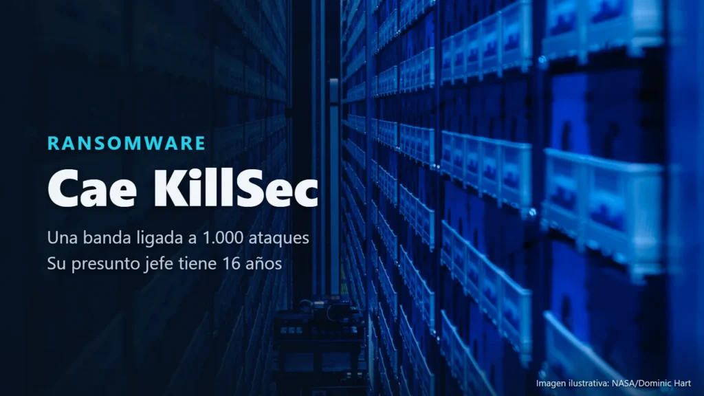 Foto ilustrativa del pasillo de una biblioteca robotizada de cintas de un centro de datos, iluminado en azul, junto al texto «Cae KillSec»