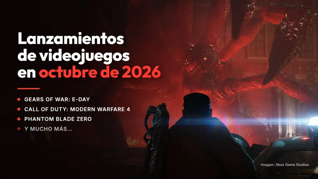 Soldado de Gears of War: E-Day bajo un cielo rojo, con el texto «Lanzamientos de videojuegos en octubre de 2026»
