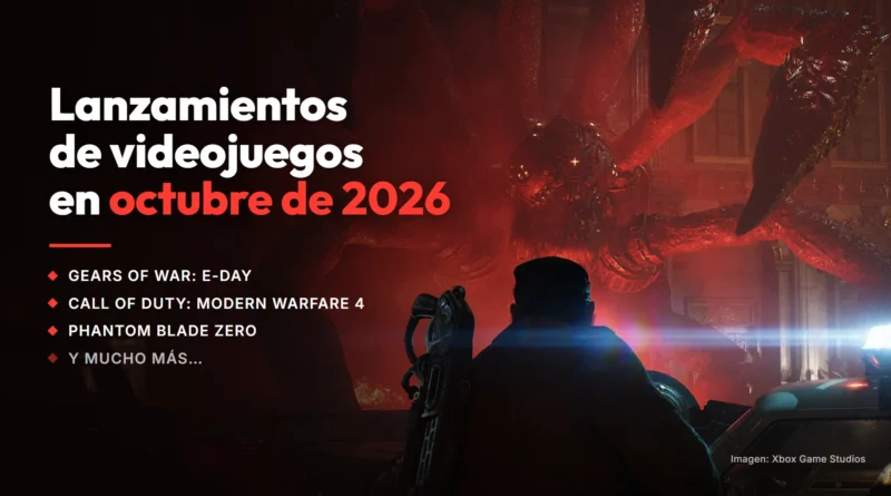 Soldado de Gears of War: E-Day bajo un cielo rojo, con el texto «Lanzamientos de videojuegos en octubre de 2026»
