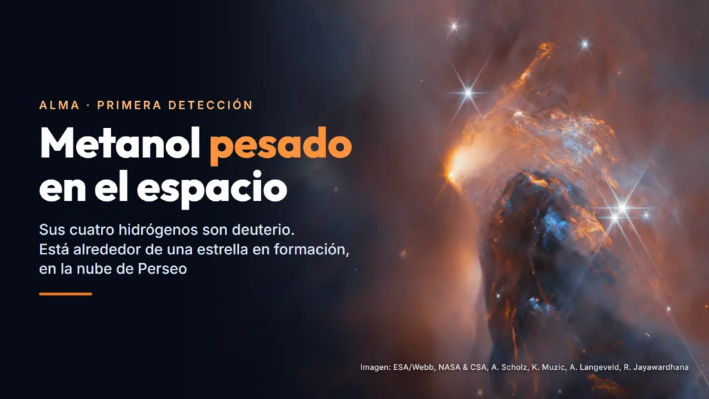 Nebulosa NGC 1333, en la nube molecular de Perseo, vista por el telescopio espacial James Webb, junto al texto «Metanol pesado en el espacio»