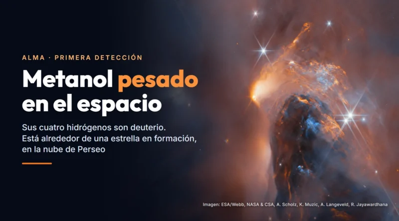 Nebulosa NGC 1333, en la nube molecular de Perseo, vista por el telescopio espacial James Webb, junto al texto «Metanol pesado en el espacio»