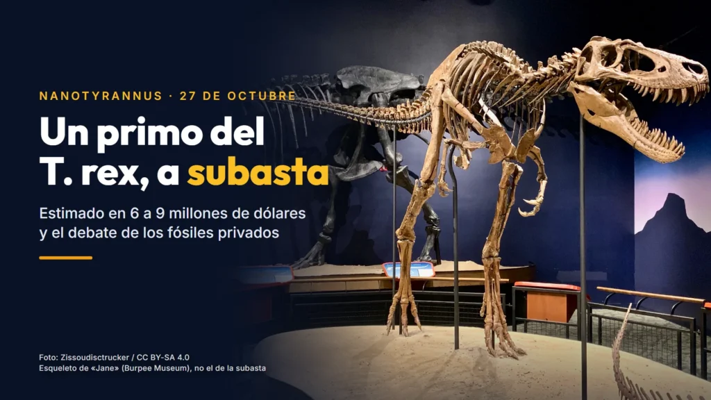 Esqueleto montado de «Jane», del Burpee Museum of Natural History (no es el de la subasta), con el titular «Un primo del T. rex, a subasta»