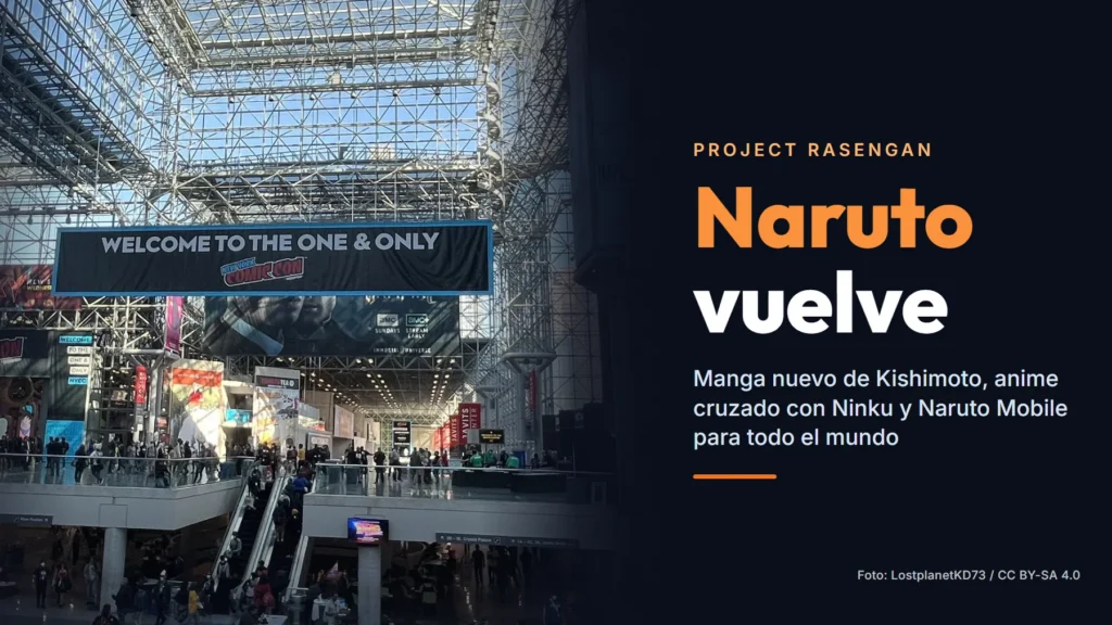 Vestíbulo acristalado del Javits Center de Nueva York con la pancarta de bienvenida de la New York Comic Con y el texto «Naruto vuelve»