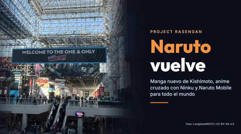 Vestíbulo acristalado del Javits Center de Nueva York con la pancarta de bienvenida de la New York Comic Con y el texto «Naruto vuelve»