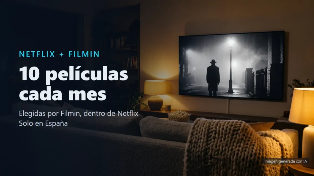 Imagen generada con IA de un salón a media luz con una tele que muestra una película en blanco y negro, con el texto «Netflix + Filmin: 10 películas cada mes»