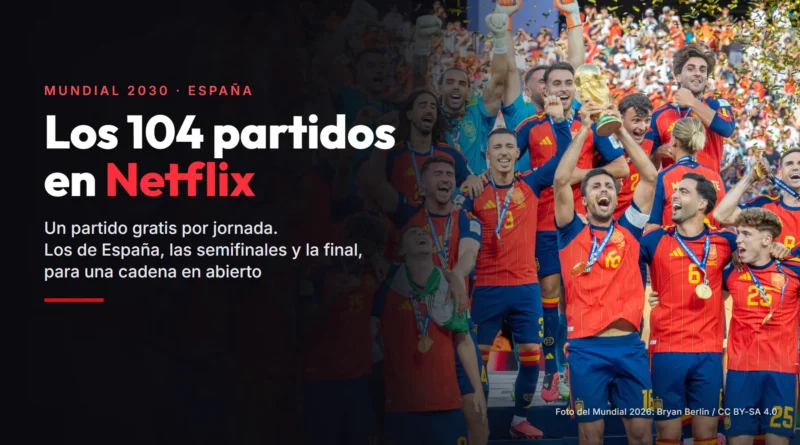 Jugadores de la selección española celebran el título del Mundial de 2026 con la copa en alto, junto al titular «Los 104 partidos en Netflix»