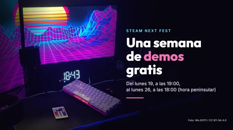 Escritorio gamer a oscuras con una pantalla de paisaje de neón, un teclado mecánico blanco y un reloj digital
