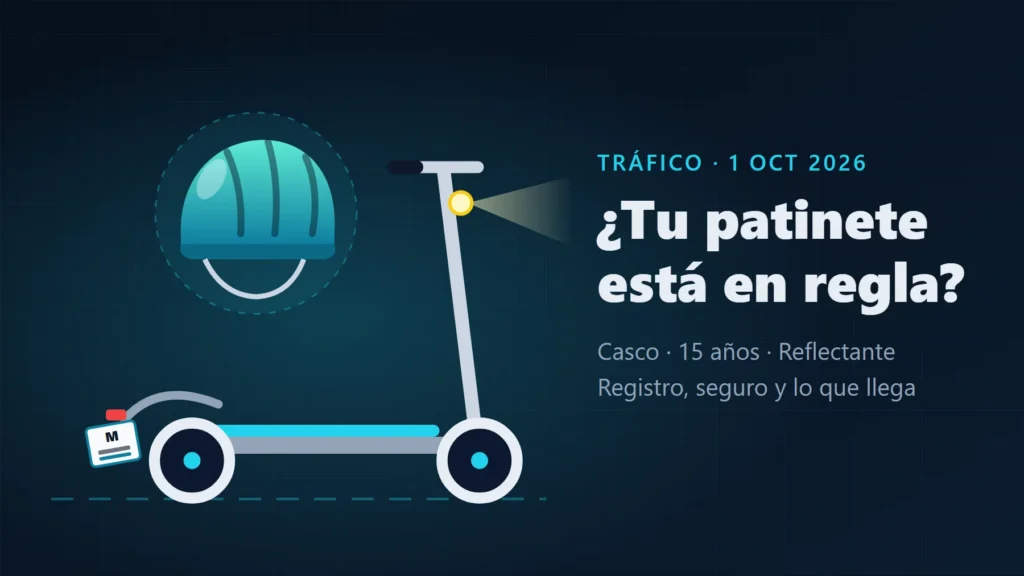 Ilustración de un patinete eléctrico con la luz delantera encendida, un casco y la etiqueta identificativa con la letra M, junto al texto «¿Tu patinete está en regla?»
