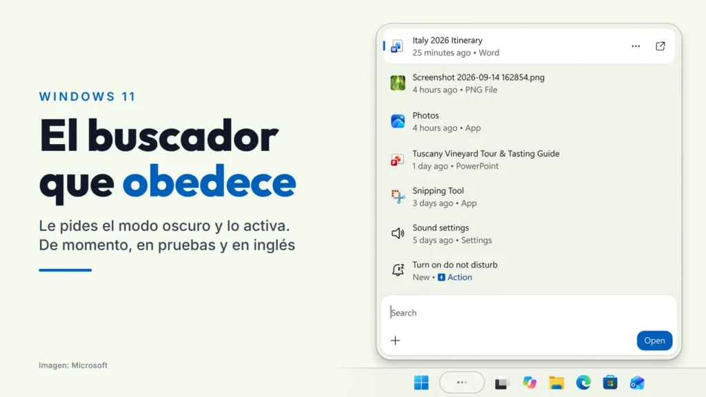 Nuevo buscador de Windows 11 sobre la barra de tareas, con archivos y aplicaciones recientes y la acción «Turn on do not disturb», junto al texto «El buscador que obedece. Le pides el modo oscuro y lo activa. De momento, en pruebas y en inglés»