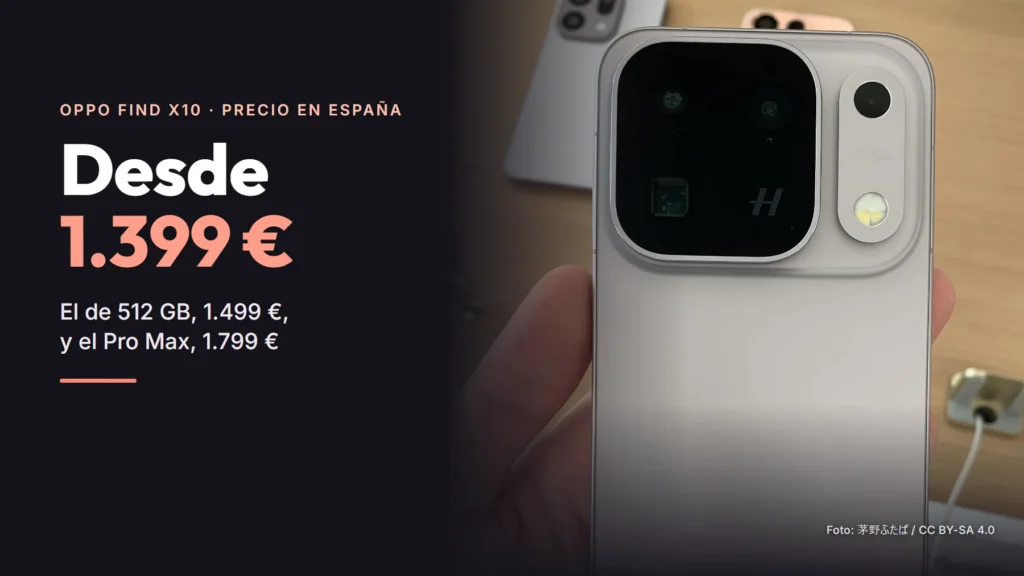 La parte trasera de un OPPO Find X10 Pro Max gris en una mano, con su módulo de cámaras Hasselblad, y el titular «Desde 1.399 €» sobre el precio de los Find X10 en España