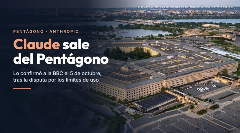 Vista aérea del Pentágono, sede del Departamento de Defensa de EE. UU., con el texto «Claude sale del Pentágono. Lo confirmó a la BBC el 5 de octubre, tras la disputa por los límites de uso»