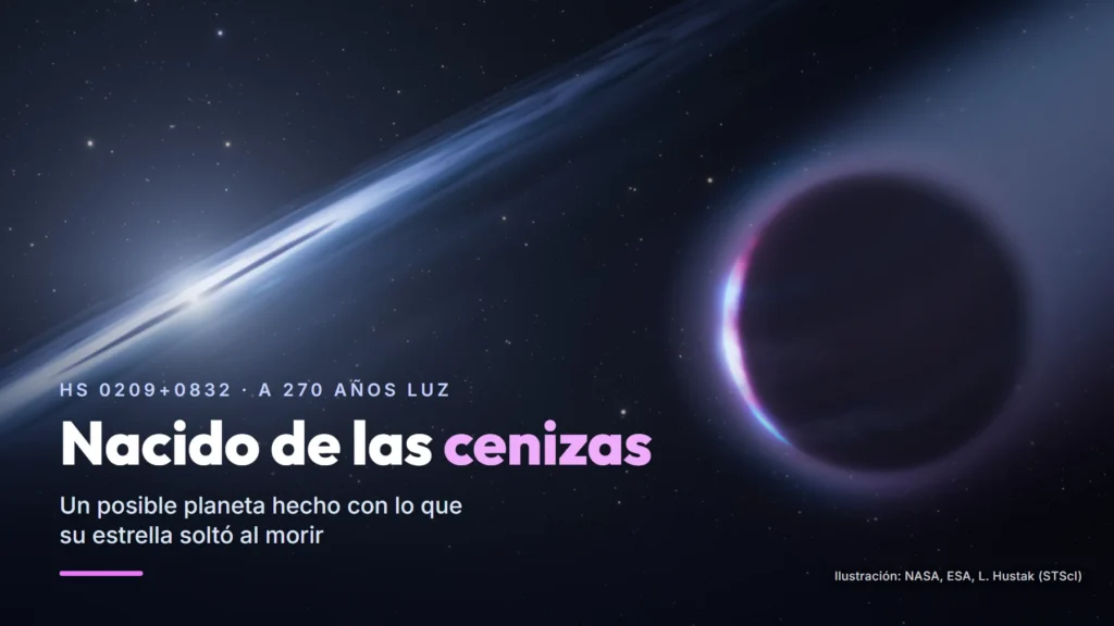 Ilustración de un planeta gigante en silueta junto a una enana blanca rodeada por un disco brillante, con el texto «Nacido de las cenizas. Un posible planeta hecho con lo que su estrella soltó al morir».
