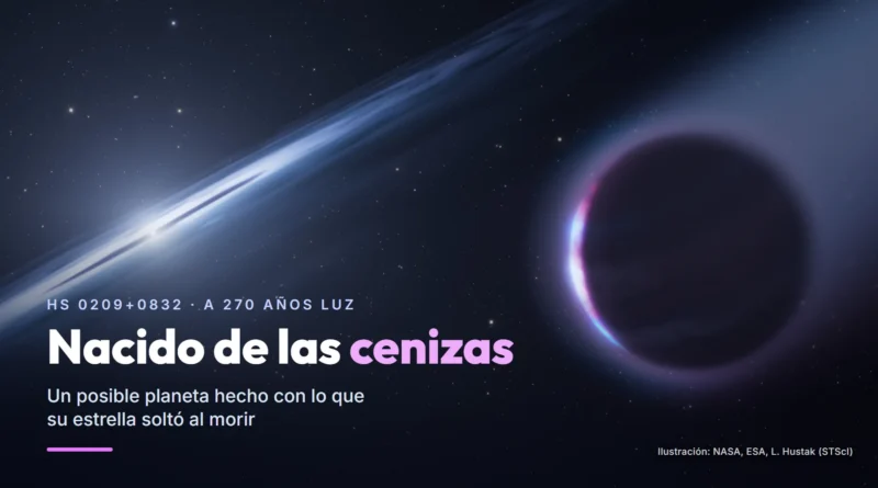 Ilustración de un planeta gigante en silueta junto a una enana blanca rodeada por un disco brillante, con el texto «Nacido de las cenizas. Un posible planeta hecho con lo que su estrella soltó al morir».