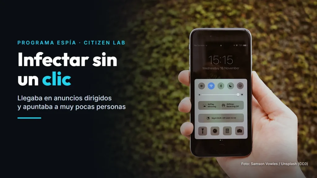 Mano sujetando un móvil con la pantalla de control, sobre un fondo de hojas, con el texto «Infectar sin un clic»