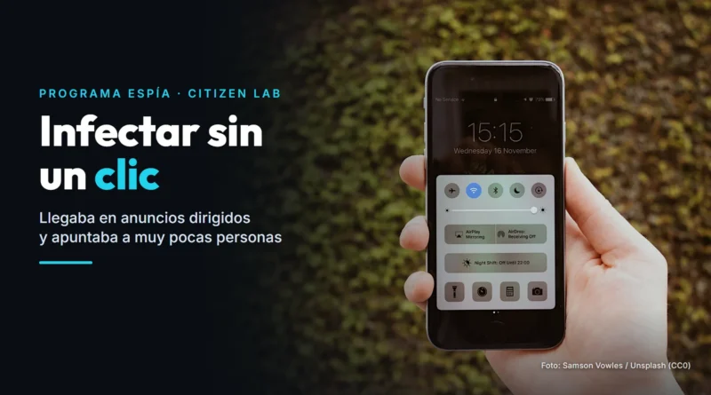 Mano sujetando un móvil con la pantalla de control, sobre un fondo de hojas, con el texto «Infectar sin un clic»