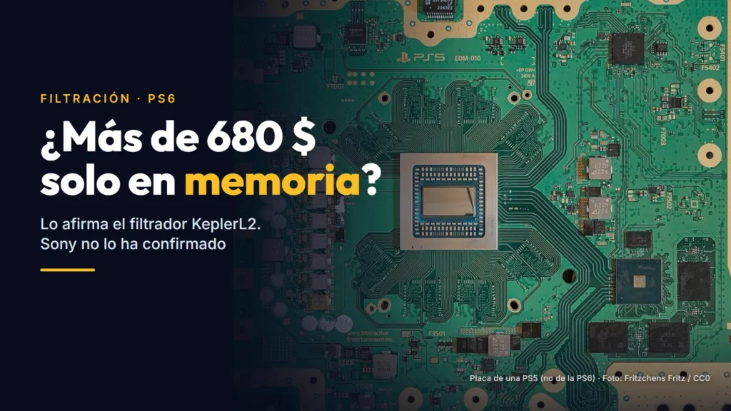 Placa base de una PlayStation 5 vista desde arriba, con el chip principal en el centro, sobre un fondo oscuro con el texto «¿Más de 680 $ solo en memoria?»