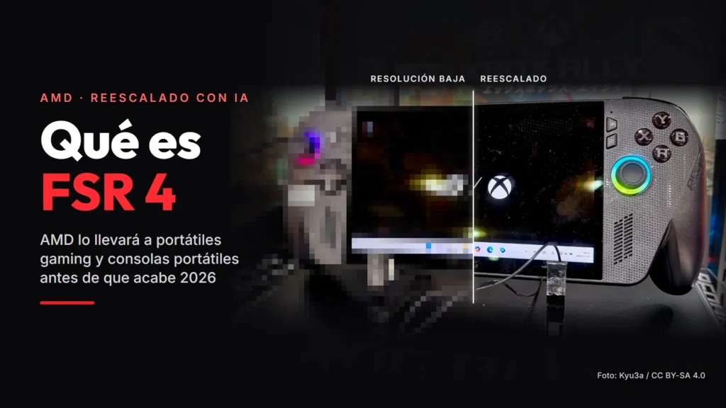 La consola portátil ROG Xbox Ally X, con la mitad izquierda pixelada (resolución baja) y la derecha nítida (reescalado), junto al titular «Qué es FSR 4»