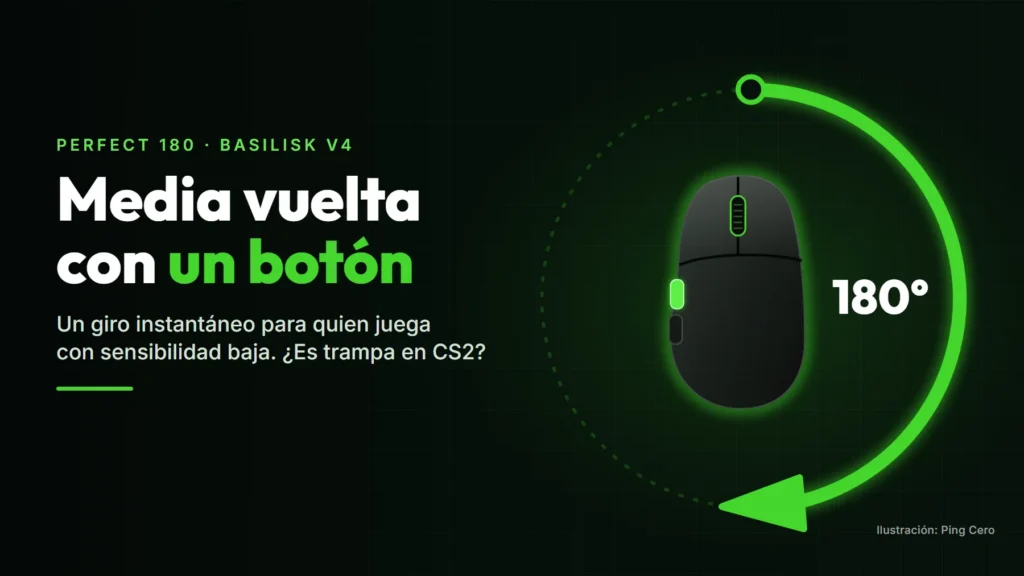 Ilustración de un ratón gaming visto desde arriba, con un botón lateral iluminado en verde y una flecha que traza un giro de 180 grados a su alrededor