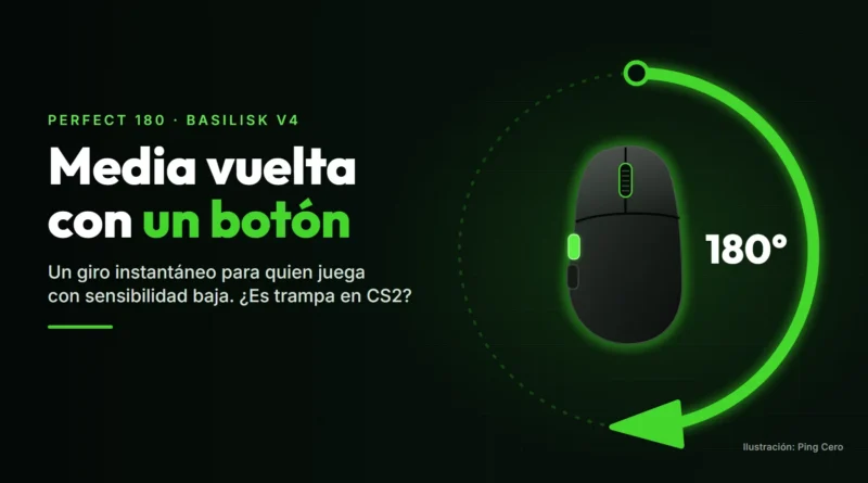 Ilustración de un ratón gaming visto desde arriba, con un botón lateral iluminado en verde y una flecha que traza un giro de 180 grados a su alrededor