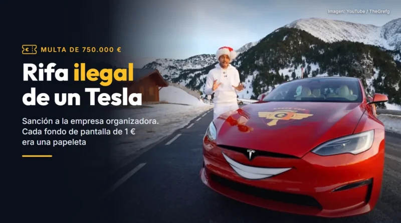 TheGrefg, con gorro de Papá Noel, junto al Tesla Model S Plaid rojo decorado como Rayo McQueen en el vídeo con el que anunció la rifa, y el texto «Rifa ilegal de un Tesla» con la multa de 750.000 €