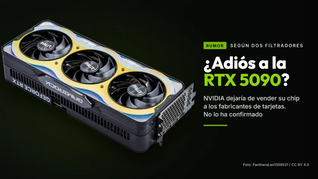 Tarjeta gráfica Palit GeForce RTX 5090 GameRock sobre fondo negro, junto a la etiqueta «Rumor» y el titular «¿Adiós a la RTX 5090?»