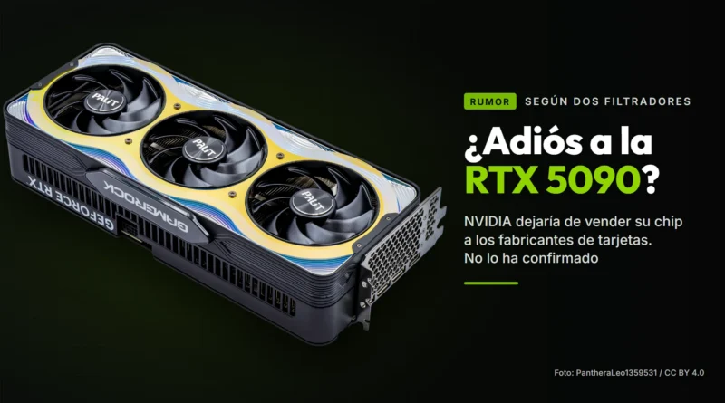 Tarjeta gráfica Palit GeForce RTX 5090 GameRock sobre fondo negro, junto a la etiqueta «Rumor» y el titular «¿Adiós a la RTX 5090?»