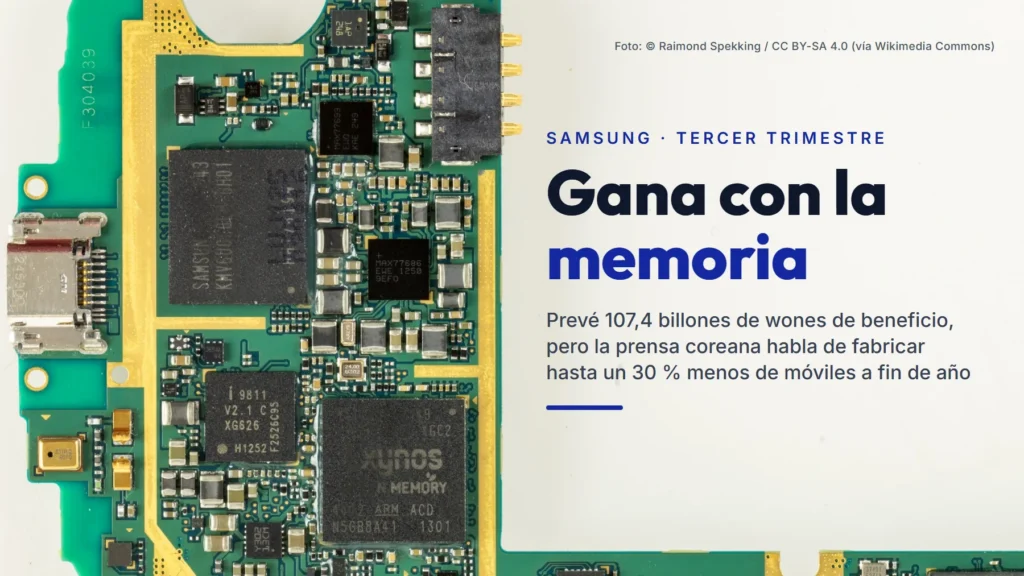 Placa de un Samsung Galaxy S III con chips de memoria y procesador de Samsung, junto al texto «Gana con la memoria. Prevé 107,4 billones de wones de beneficio, pero la prensa coreana habla de fabricar hasta un 30 % menos de móviles a fin de año»
