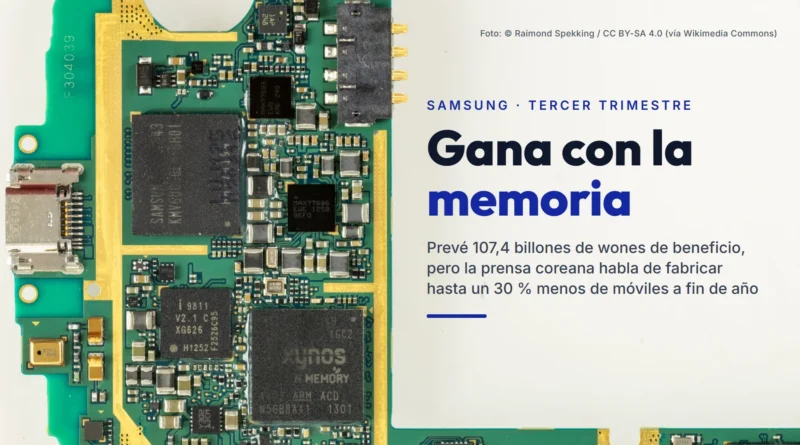 Placa de un Samsung Galaxy S III con chips de memoria y procesador de Samsung, junto al texto «Gana con la memoria. Prevé 107,4 billones de wones de beneficio, pero la prensa coreana habla de fabricar hasta un 30 % menos de móviles a fin de año»