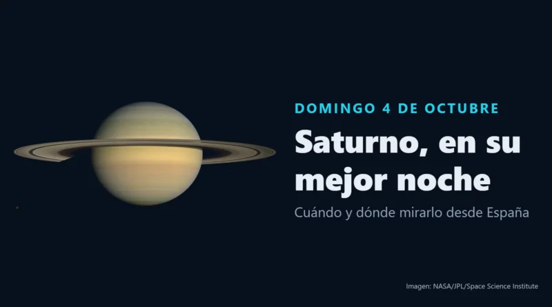 Foto de Saturno tomada por la sonda Cassini en 2008, con los anillos poco abiertos, y el texto «Domingo 4 de octubre: Saturno, en su mejor noche. Cuándo y dónde mirarlo desde España»
