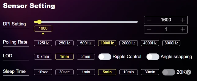 Ajustes del sensor en el programa de Scyrox: 1600 DPI, 1000 Hz, altura de levantamiento de 1 mm y reposo a los 5 minutos