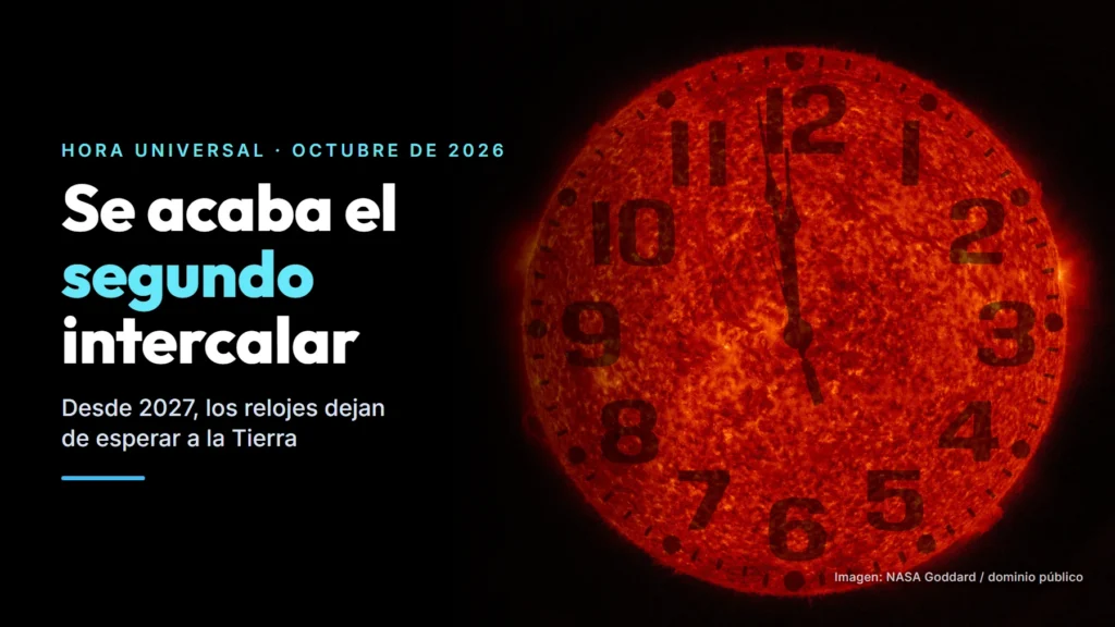 Un reloj de pared superpuesto al Sol, con las agujas casi en las doce, sobre un titular que dice Se acaba el segundo intercalar