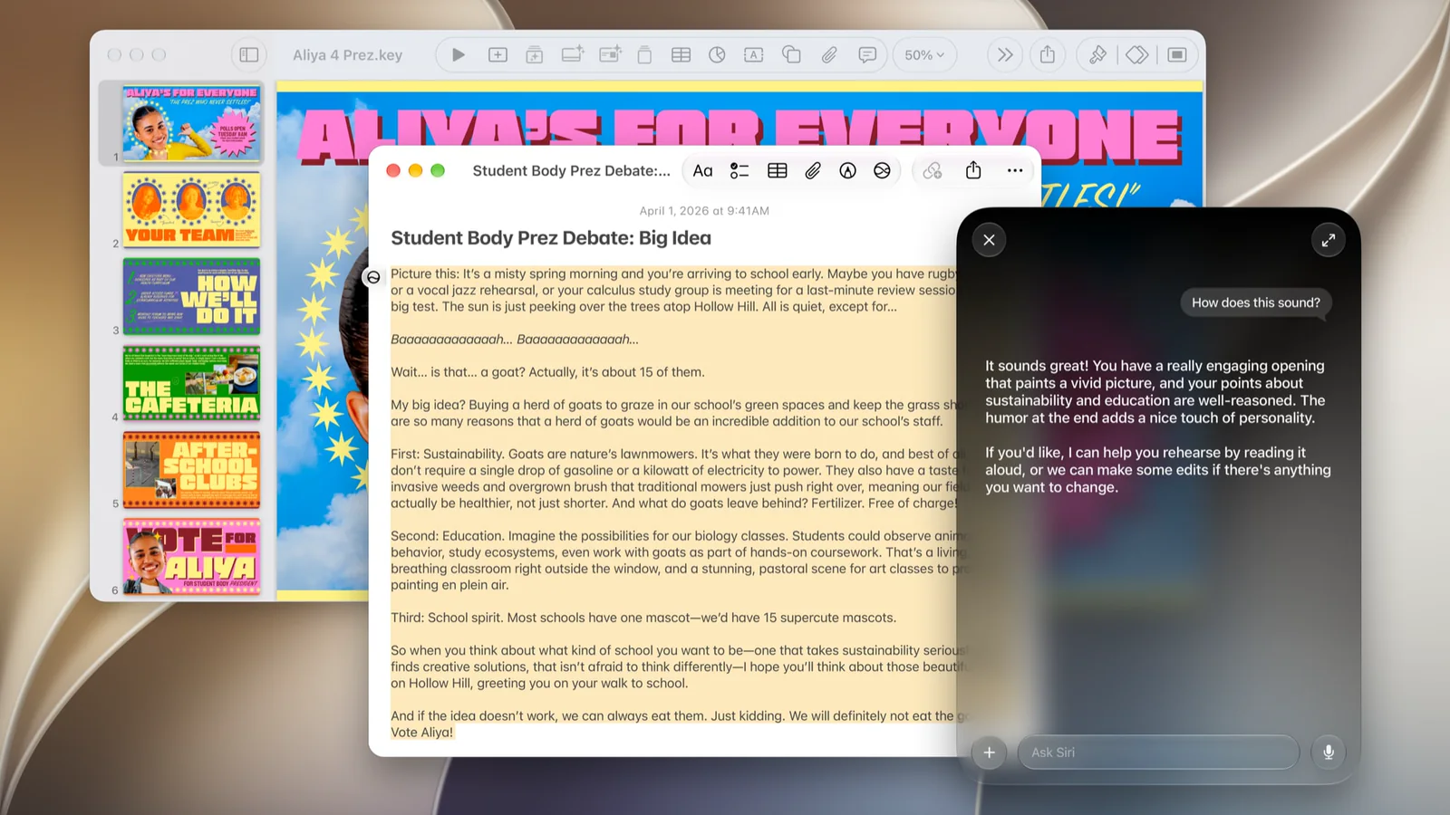 Pantalla de un Mac con macOS 27 en la que Siri AI, en un panel a la derecha, comenta en inglés un texto abierto en Notas
