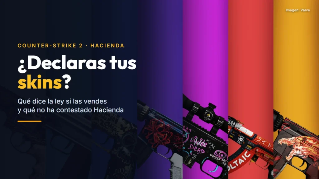 Siete armas de Counter-Strike 2 con skins de colores sobre franjas verticales: un rifle de francotirador, un fusil con katakana y otro con un dragón de fuego