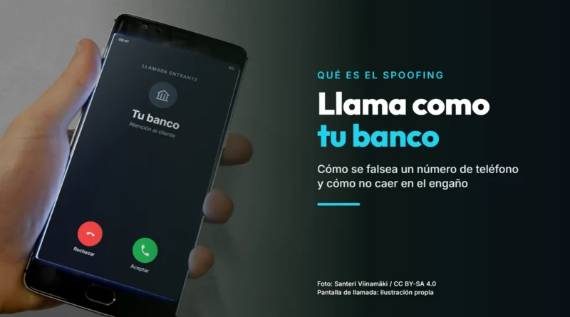 Mano sujetando un móvil inclinado con una llamada entrante en pantalla del contacto «Tu banco»