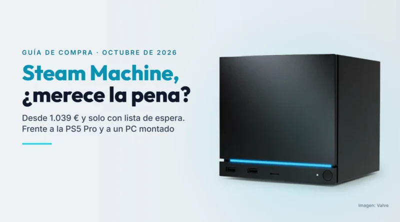La Steam Machine de Valve, un cubo negro con una tira de luz cian abajo, junto al título Steam Machine, ¿merece la pena?