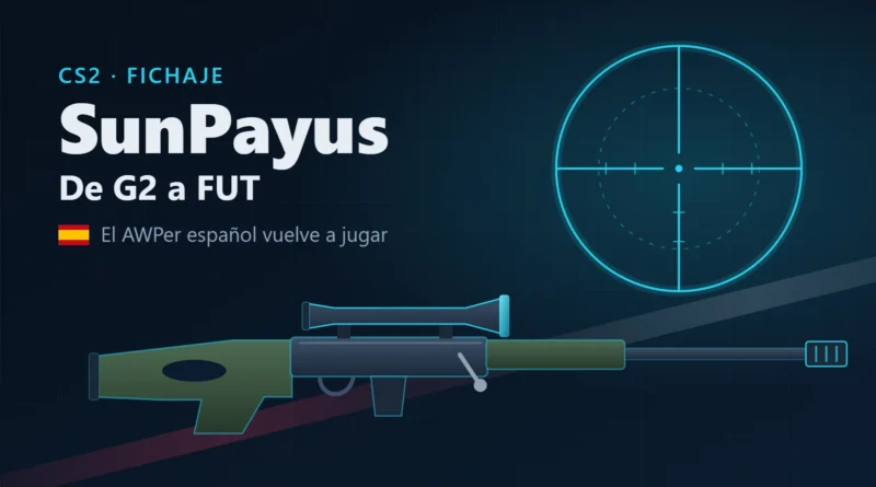 Ilustración de un rifle AWP y una mira telescópica junto al texto «SunPayus. De G2 a FUT. El AWPer español vuelve a jugar»