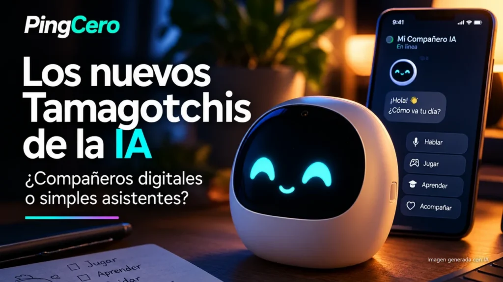 Robot de compañía con cara sonriente junto a un móvil con una app de IA, con el texto «Los nuevos Tamagotchis de la IA» (imagen generada con IA)
