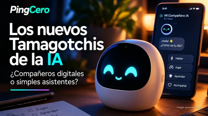 Robot de compañía con cara sonriente junto a un móvil con una app de IA, con el texto «Los nuevos Tamagotchis de la IA» (imagen generada con IA)
