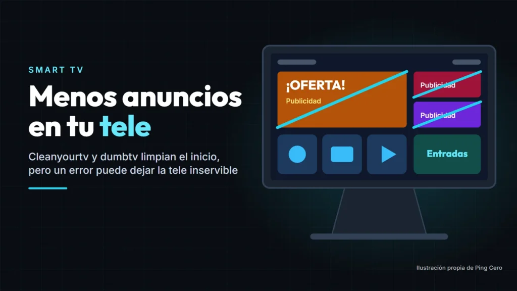 Ilustración de una tele con la pantalla de inicio llena de anuncios tachados con una raya cian